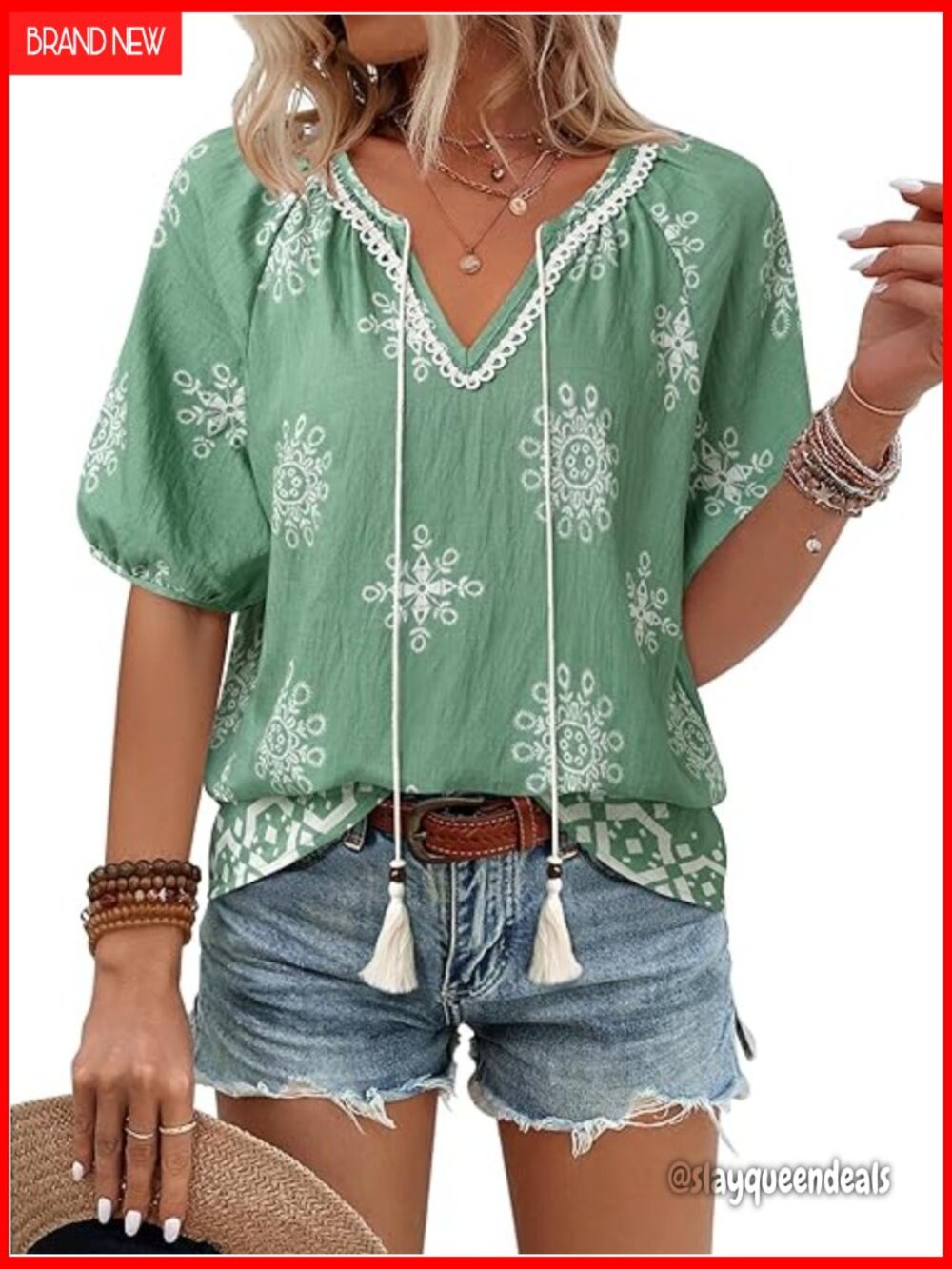 Boho Floral Short Sleeve Blouse Tie Front Puff Sleeve V-Neck Summer Vacation